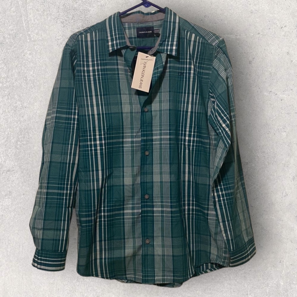 NWT Calvin Klein Green Plaid Dress Shirt Size XL